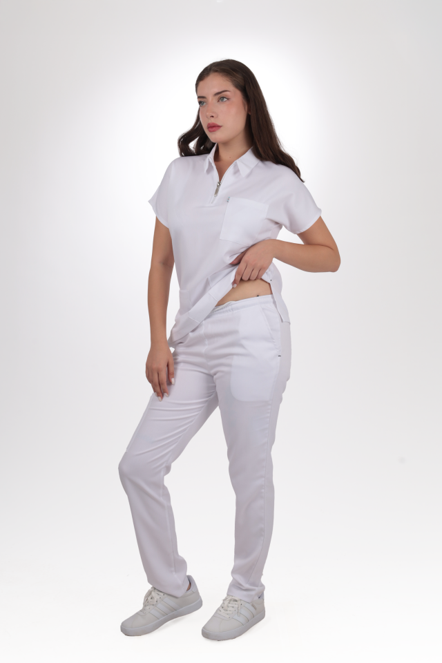 Premium Likralı Zipper Seri Kadın Beyaz Scrubs