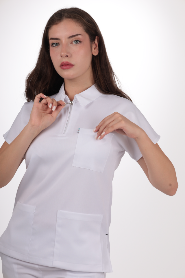 Premium Likralı Zipper Seri Kadın Beyaz Üniforma Takım