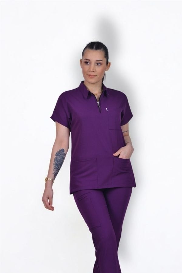 Likralı Zipper Seri Kadın Mor Scrubs