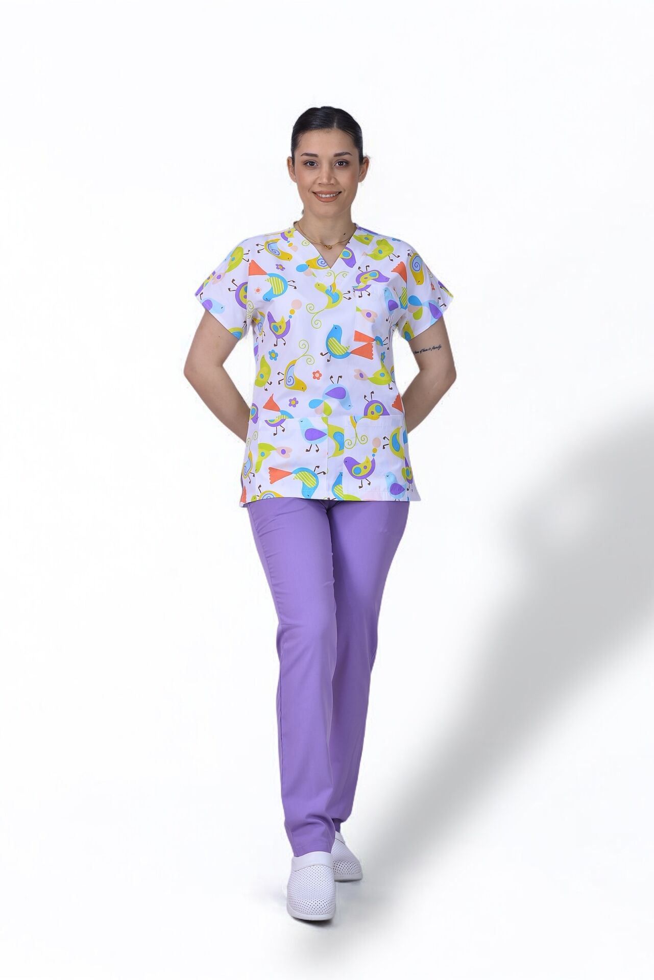 Desenli Seri Üst Renkli Kuş Desenli/Alt Lila Likralı Pantolon