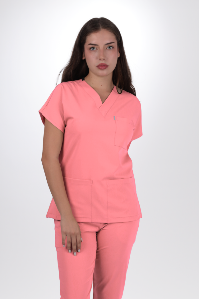 Premium Likralı Klasik Seri Kadın Mercan Pembesi Scrubs