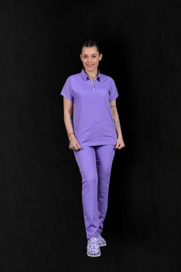 Likralı Zipper Seri Kadın Lila Scrubs