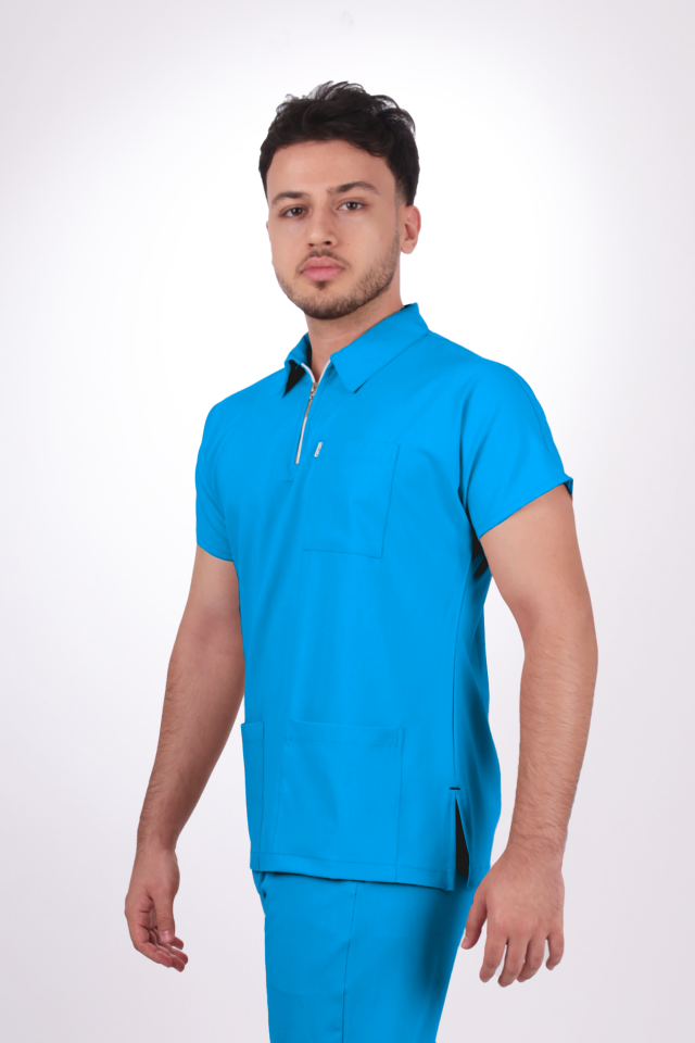 Premium Likralı Zipper Seri Erkek Turkuaz  Scrubs