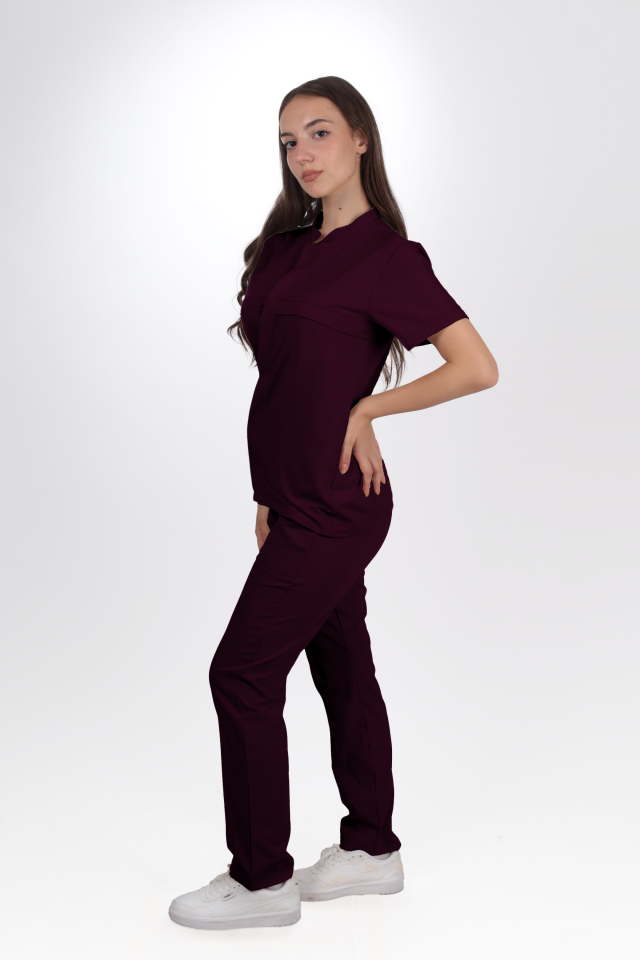 Premium Likralı SnapPrime Seri Kadın Mürdüm Scrubs