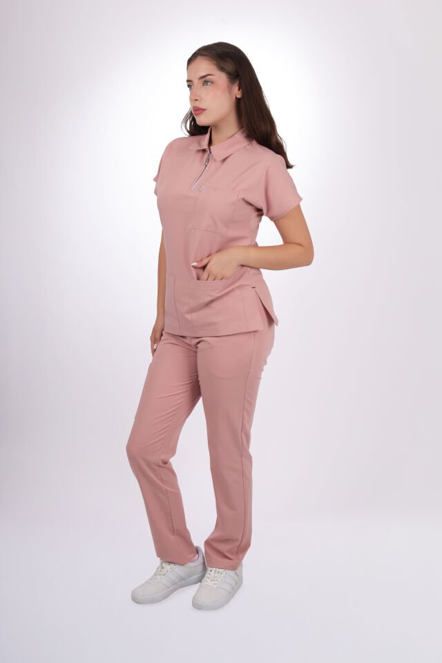 Premium Likralı Zipper Seri Kadın Pudra Scrubs