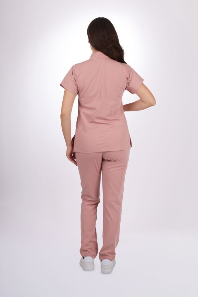Premium Likralı Zipper Seri Kadın Pudra Scrubs