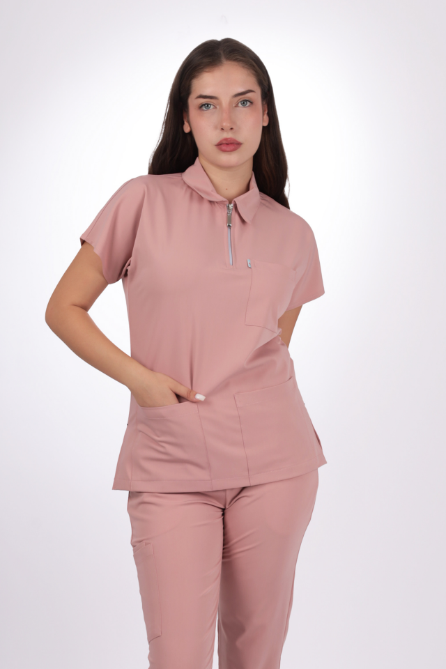Premium Likralı Zipper Seri Kadın Pembe Scrubs