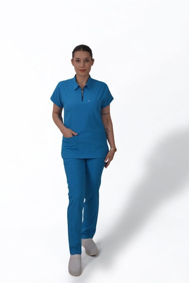 Likralı Zipper Seri Kadın Petrol Mavisi Scrubs