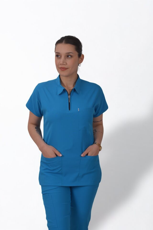 Likralı Zipper Seri Kadın Petrol Mavisi Scrubs