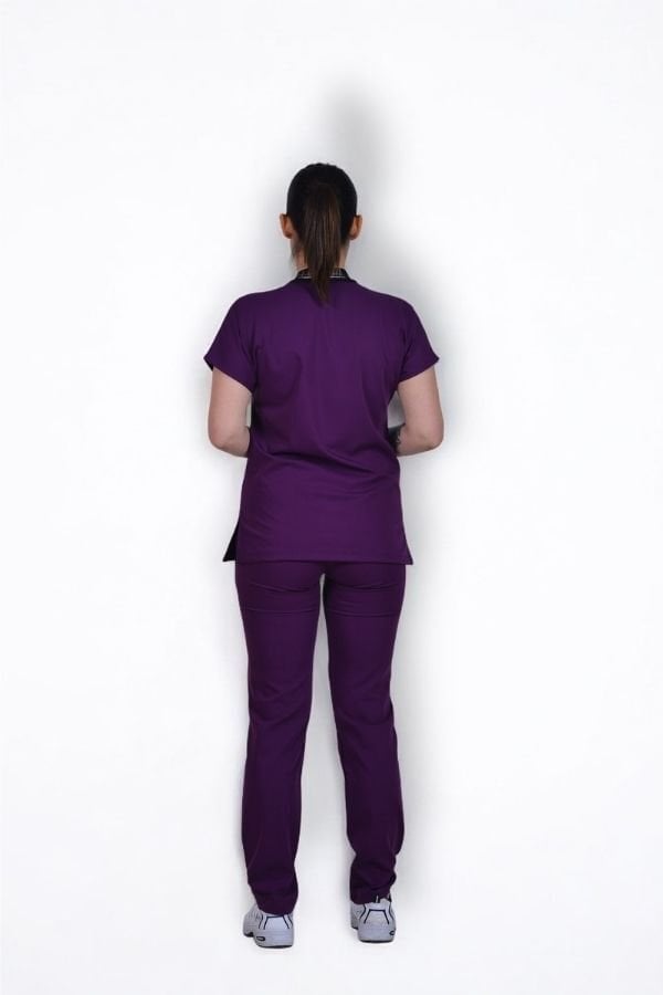 Likralı Zipper Seri Kadın Mürdüm Scrubs