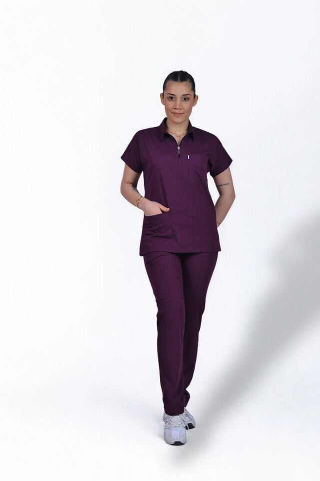 Likralı Zipper Seri Kadın Mürdüm Scrubs