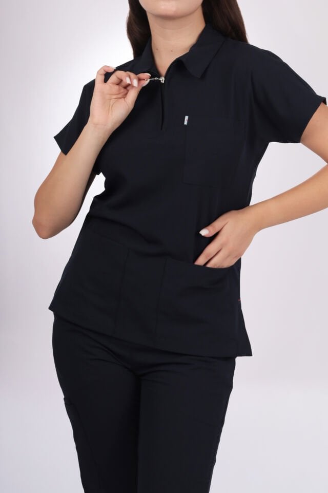Premium Likralı Zipper Seri Kadın Siyah Scrubs
