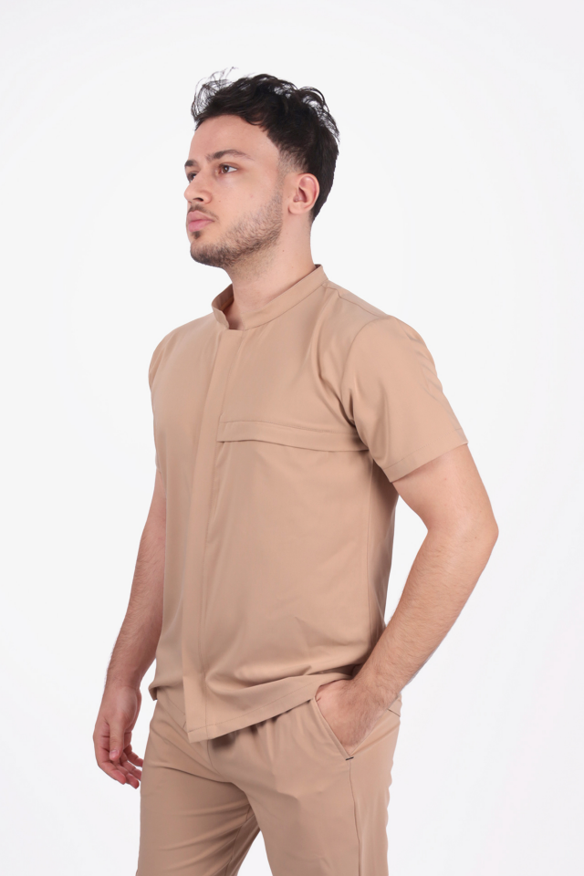 Premium Likralı Boydan Çıtçıt Seri Erkek Bej Scrubs