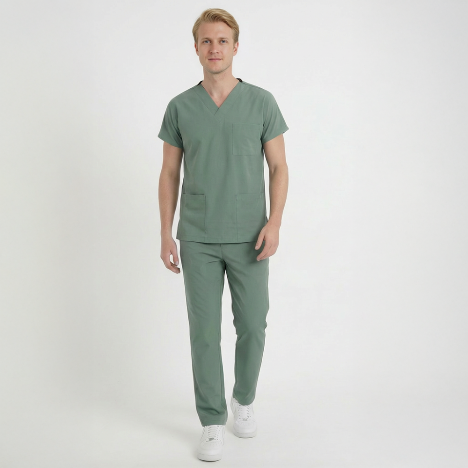 Likralı Klasik Seri Erkek Küf Yeşili Scrubs