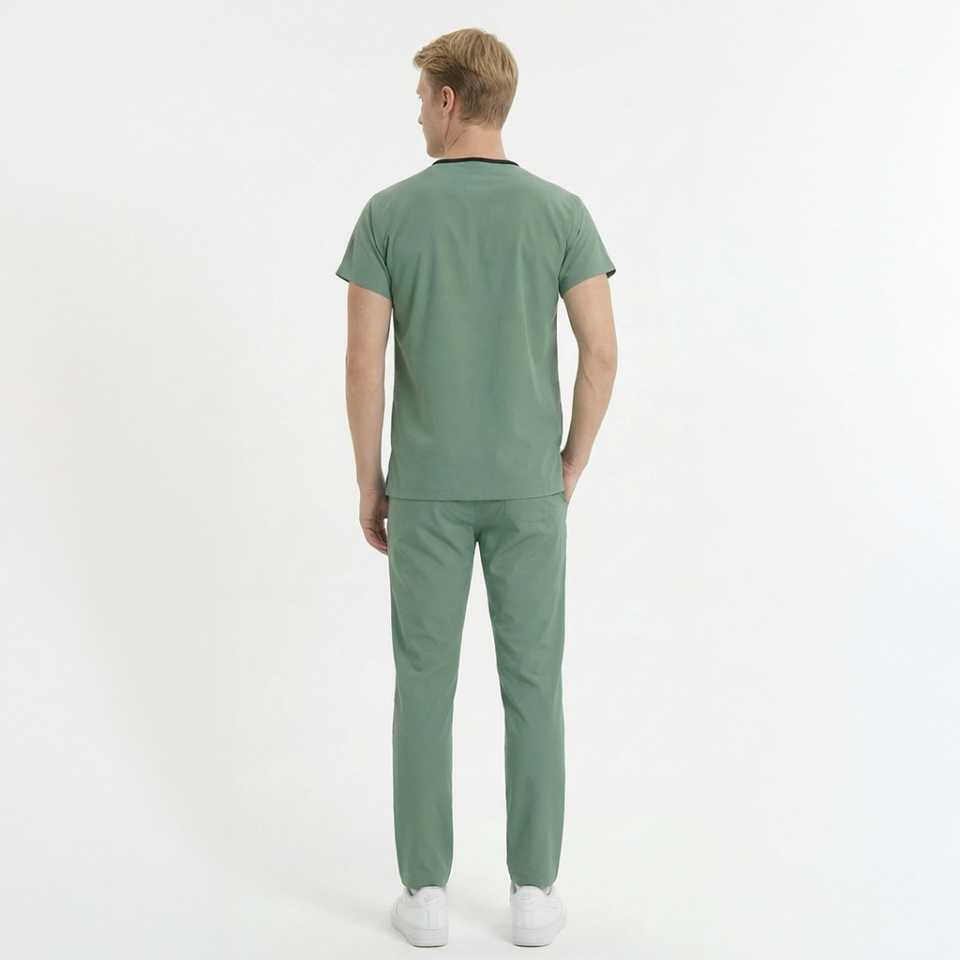 Likralı Klasik Seri Erkek Küf Yeşili Scrubs