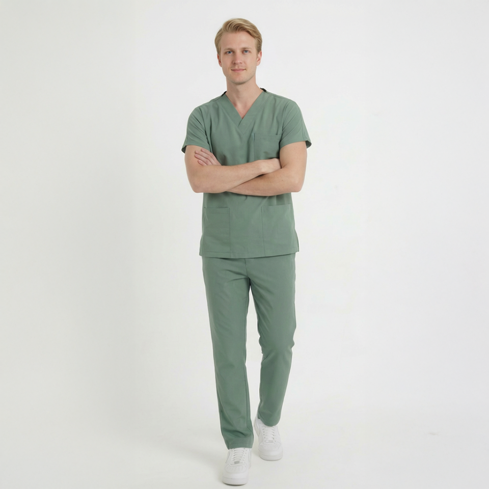 Likralı Klasik Seri Erkek Küf Yeşili Scrubs