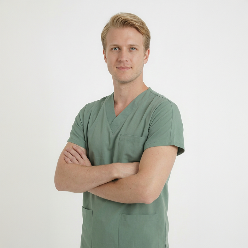 Likralı Klasik Seri Erkek Küf Yeşili Scrubs