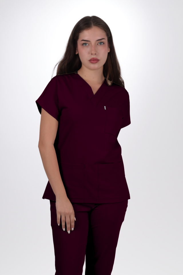Premium Likralı Klasik Seri Kadın Mürdüm Scrubs