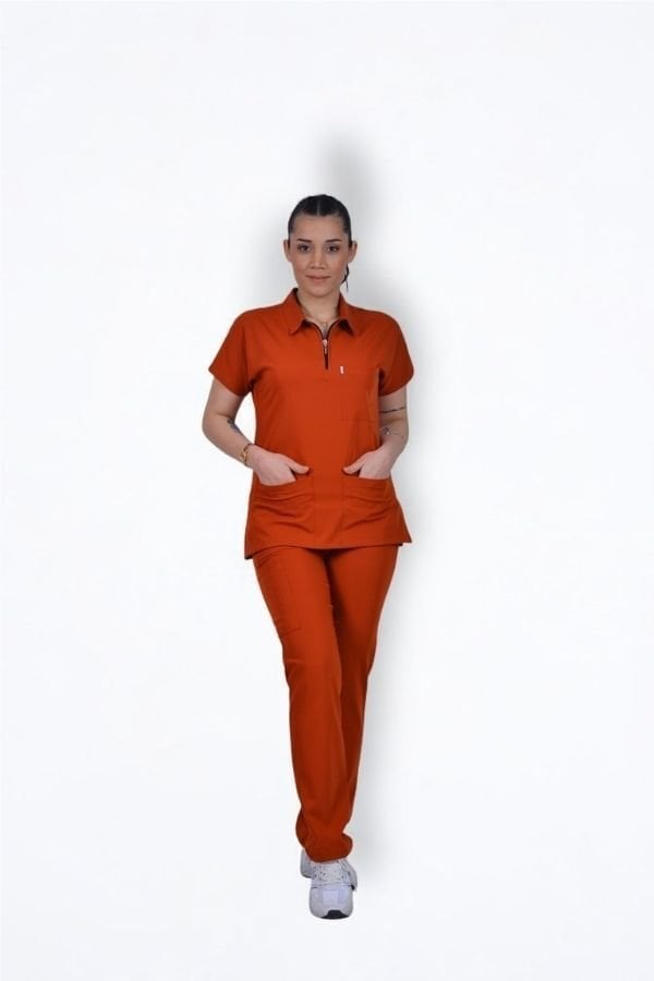 Likralı Zipper Seri Kadın Kiremit Scrubs