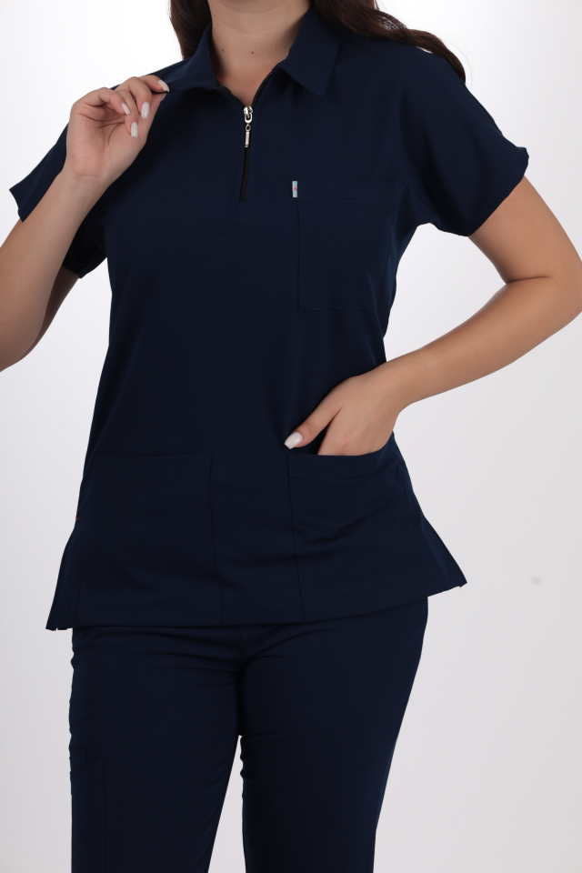 Premium Likralı Zipper Seri Kadın Lacivert Üniforma Takım
