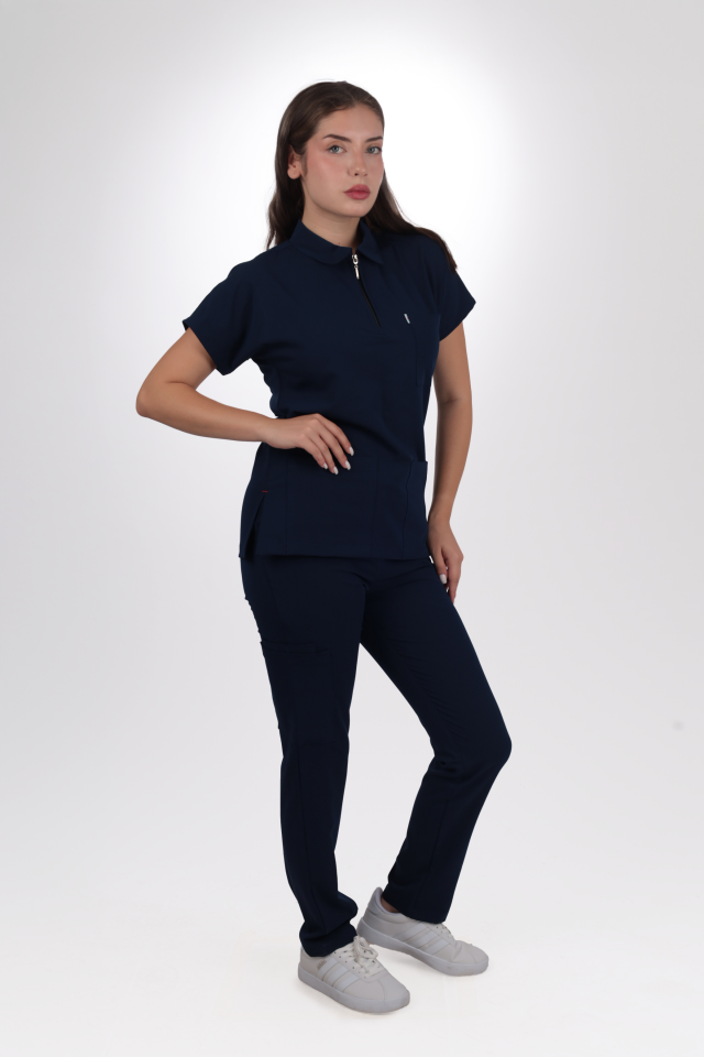 Premium Likralı Zipper Seri Kadın Lacivert Üniforma Takım