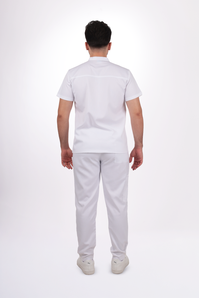 Premium Likralı Boydan Çıtçıt Seri Erkek Beyaz Scrubs