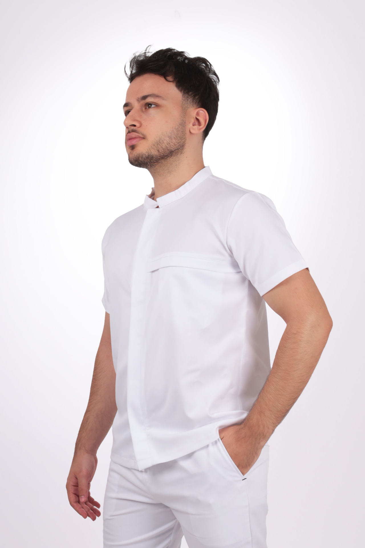 Premium Likralı Boydan Çıtçıt Seri Erkek Beyaz Scrubs