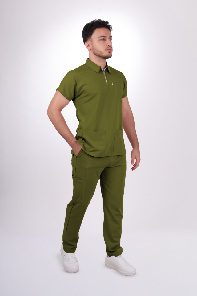 Premium Likralı Zipper Seri Erkek Yağ Yeşili Üniforma Takım