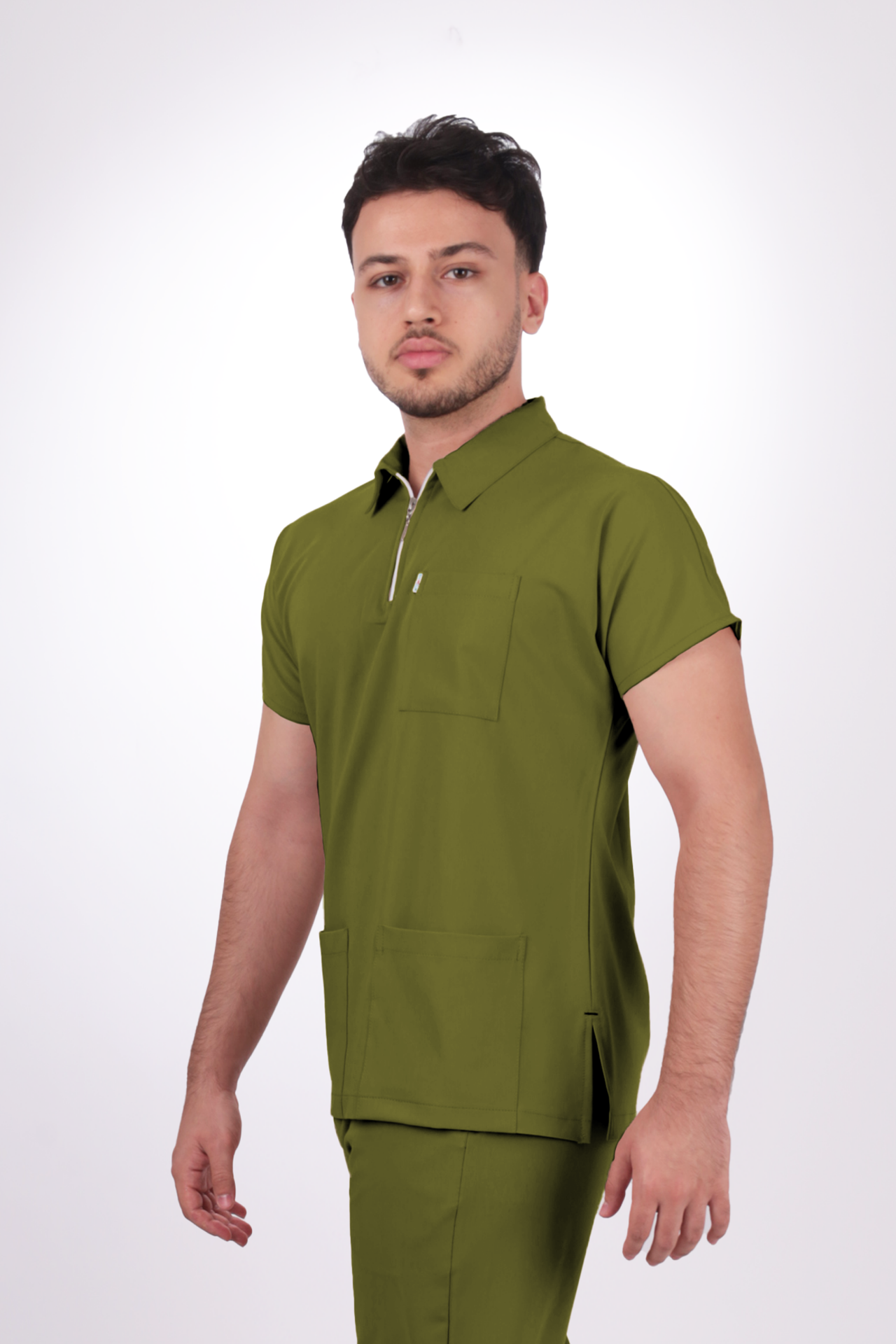 Premium Likralı Zipper Seri Erkek Yağ Yeşili Scrubs