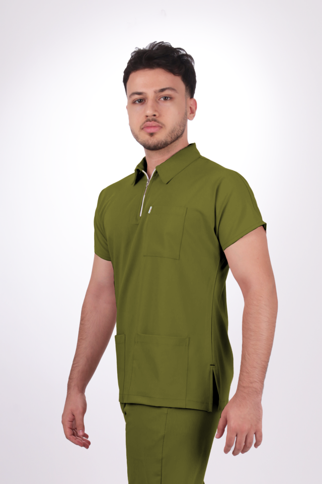 Premium Likralı Zipper Seri Erkek Yağ Yeşili Üniforma Takım