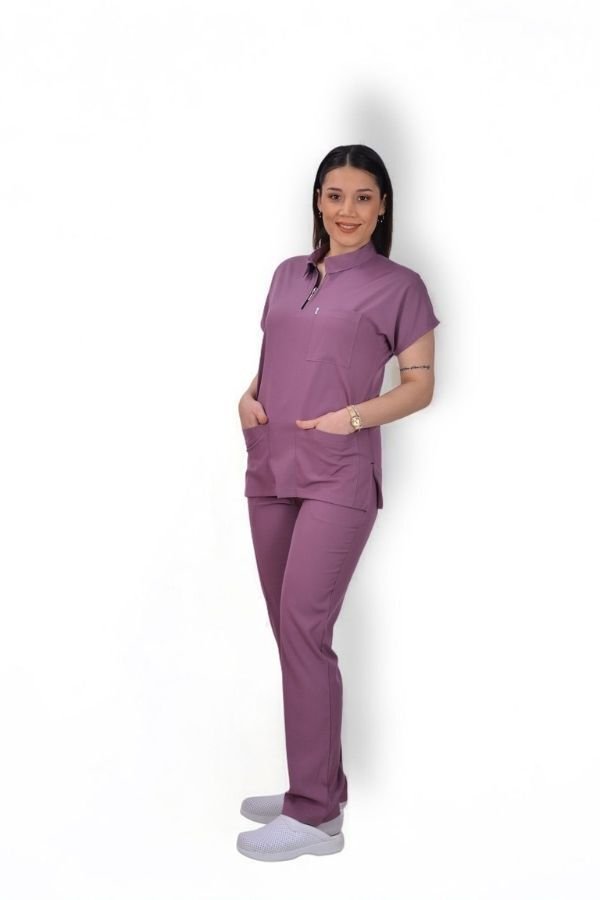 Likralı Zipper Seri Kadın Açık Mürdüm Scrubs