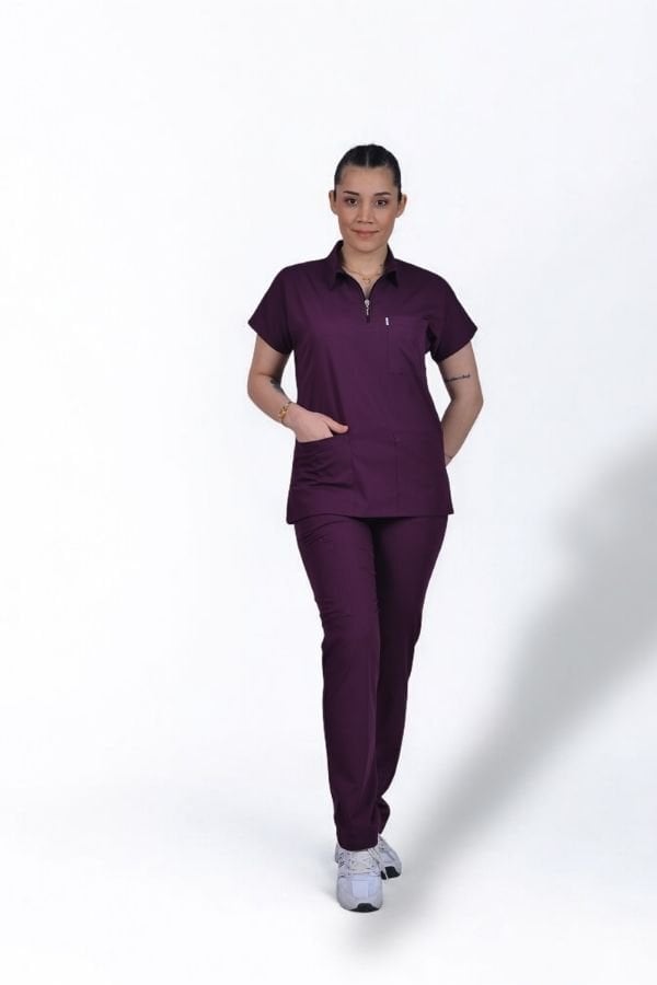 Premium Likralı Zipper Seri Kadın Mürdüm Scrubs