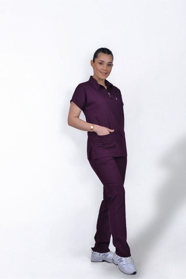 Premium Likralı Zipper Seri Kadın Mürdüm Scrubs