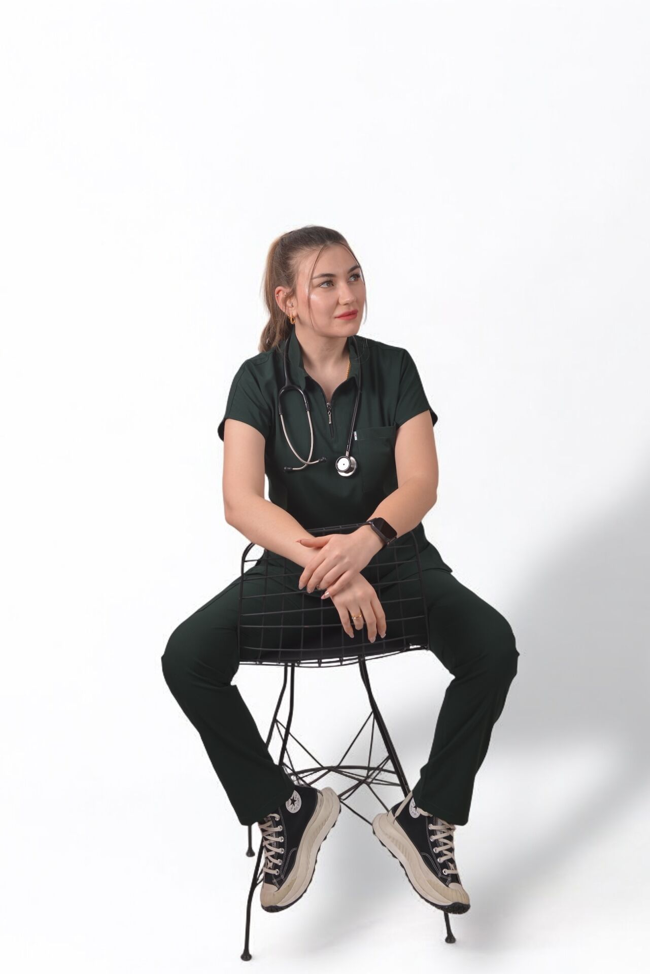Likralı Zipper Seri Kadın Avcı Yeşili Scrubs