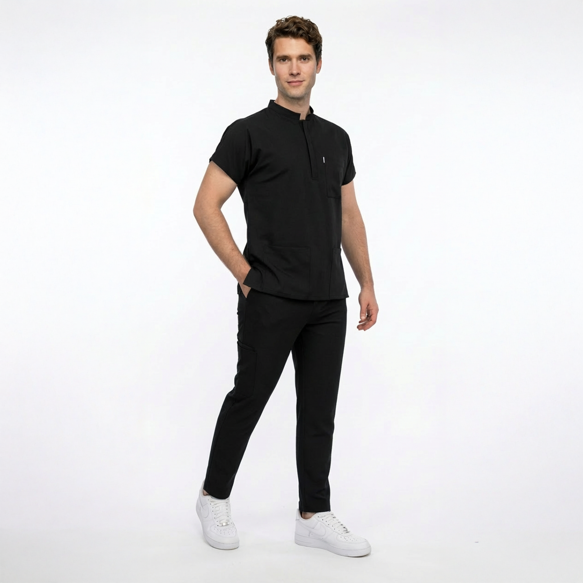 Likralı Snap Seri Erkek Siyah Scrubs