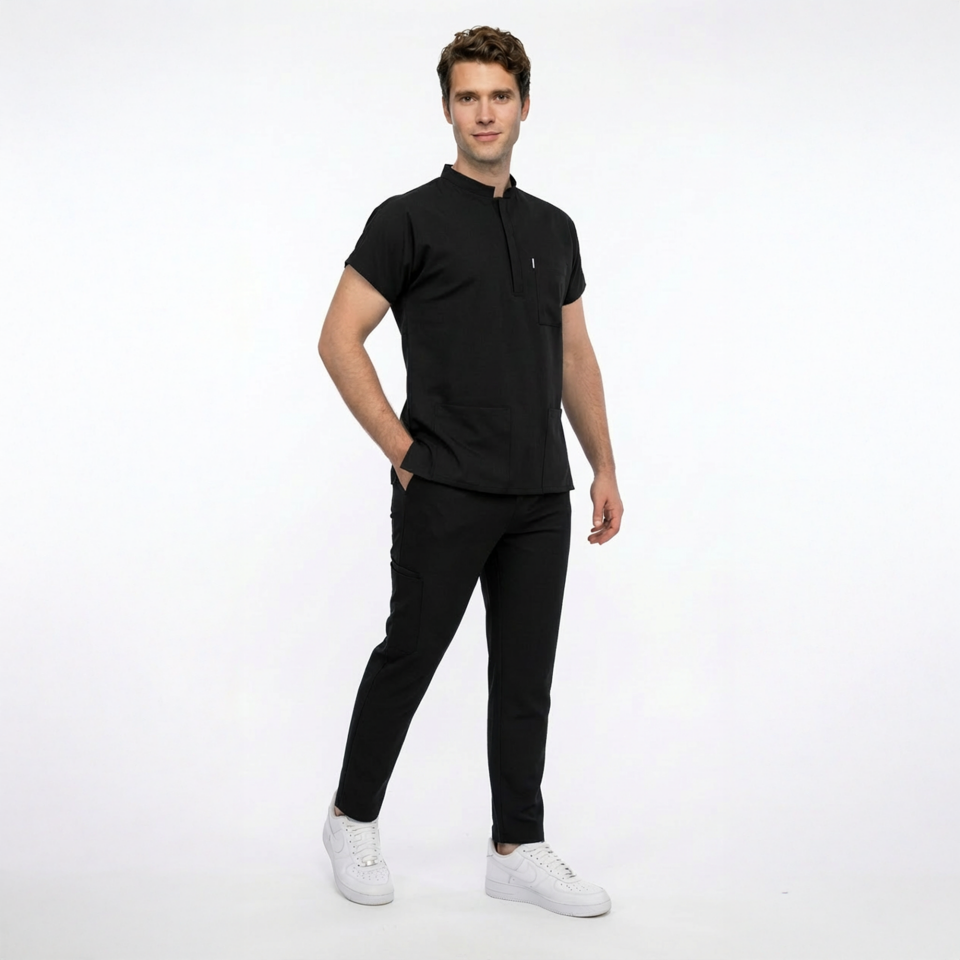 Likralı Snap Seri Erkek Siyah Scrubs