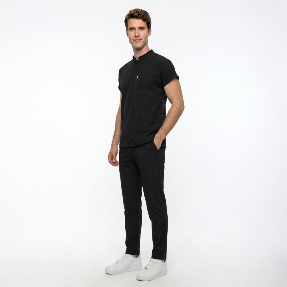 Likralı Snap Seri Erkek Siyah Scrubs