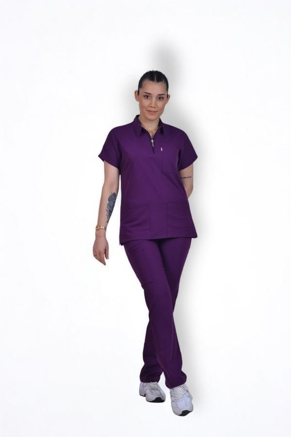 Premium Likralı Zipper Seri Kadın Mor Scrubs