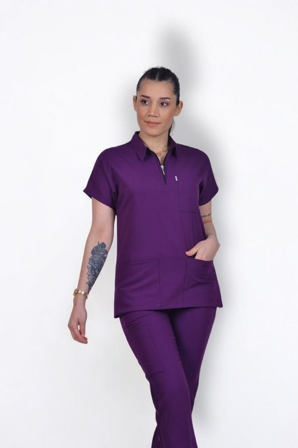 Premium Likralı Zipper Seri Kadın Mor Scrubs