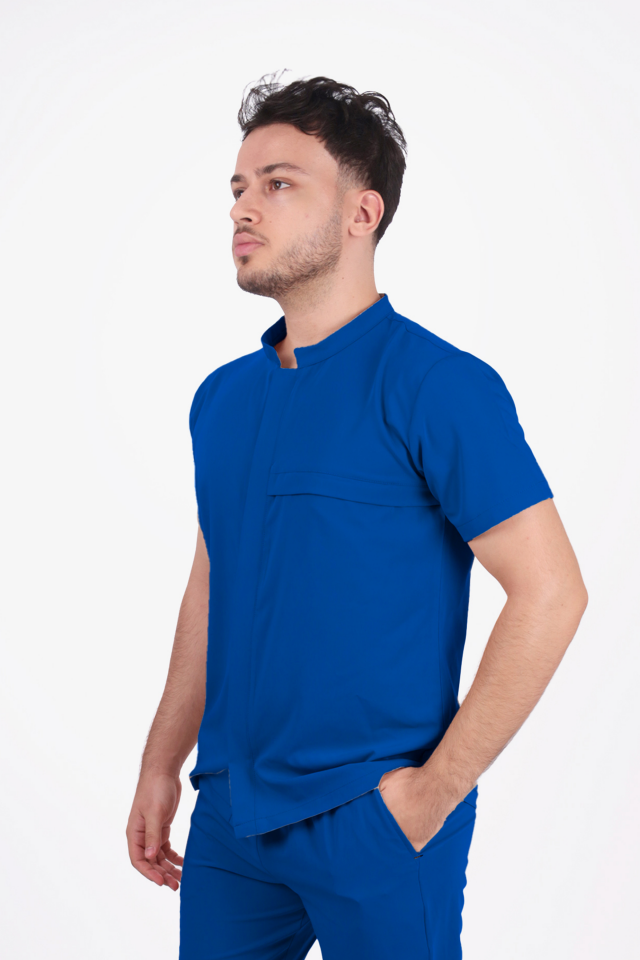 Premium Likralı Boydan Çıtçıt Seri Erkek Saks Mavisi Scrubs