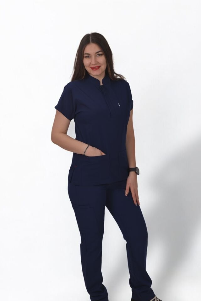 Premium Likralı Snap Seri Kadın İndigo Lacivert Scrubs