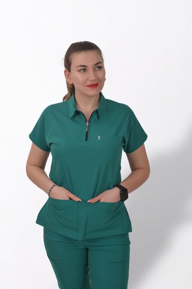Likralı Zipper Seri Kadın Cerrahi Yeşil Scrubs