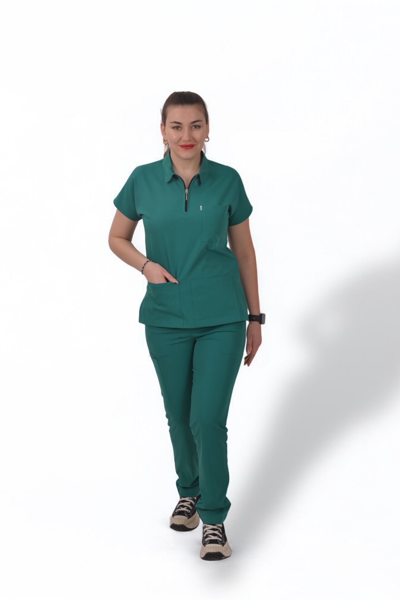 Likralı Zipper Seri Kadın Cerrahi Yeşil Scrubs