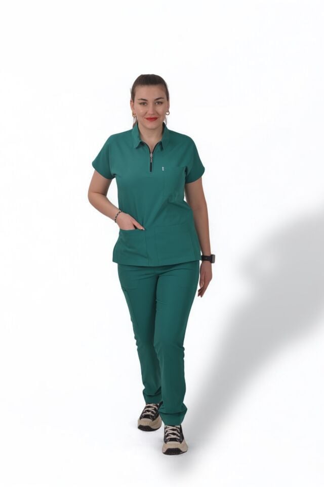 Likralı Zipper Seri Kadın Cerrahi Yeşil Scrubs