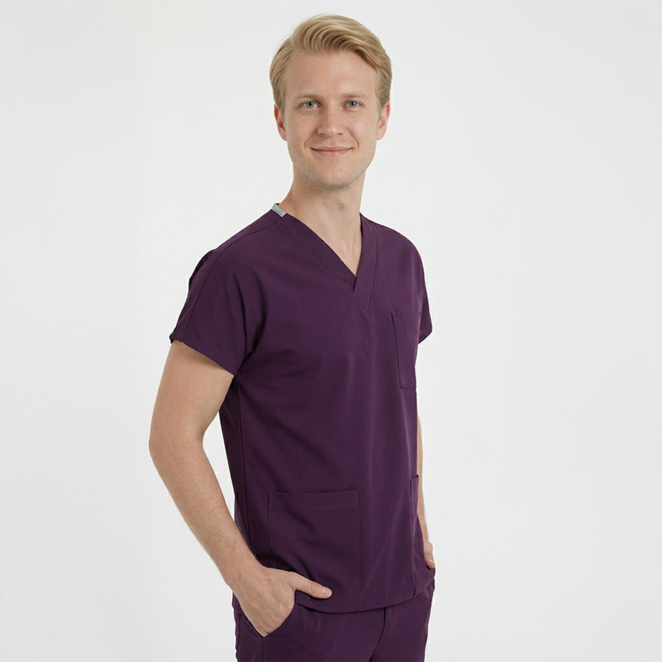 Likralı Klasik Seri Erkek Mürdüm Scrubs