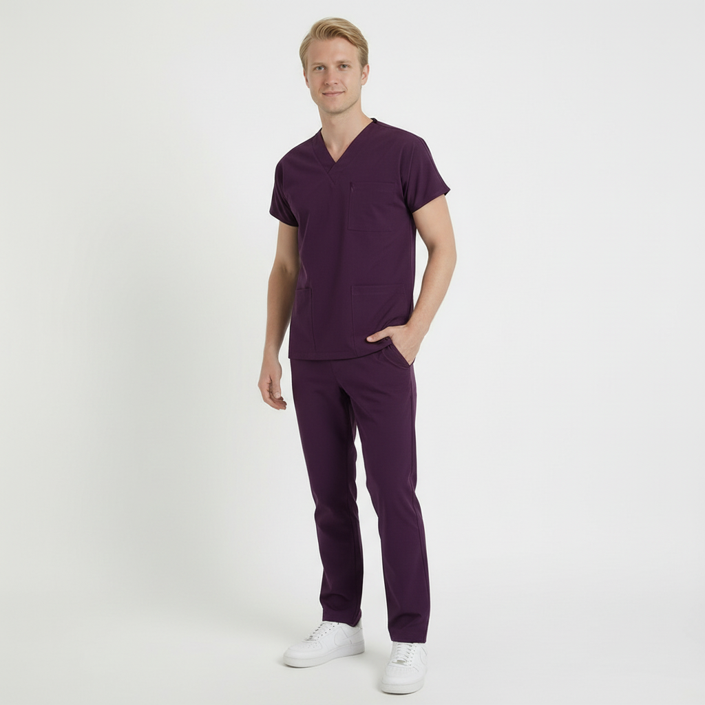 Likralı Klasik Seri Erkek Mürdüm Scrubs