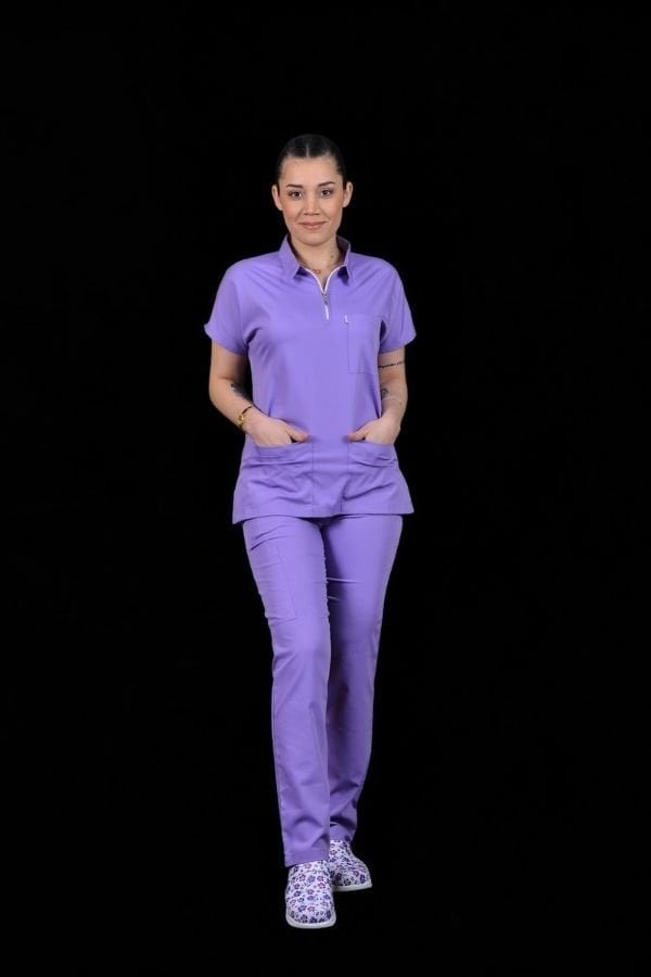 Premium Likralı Zipper Seri Kadın Lila Scrubs