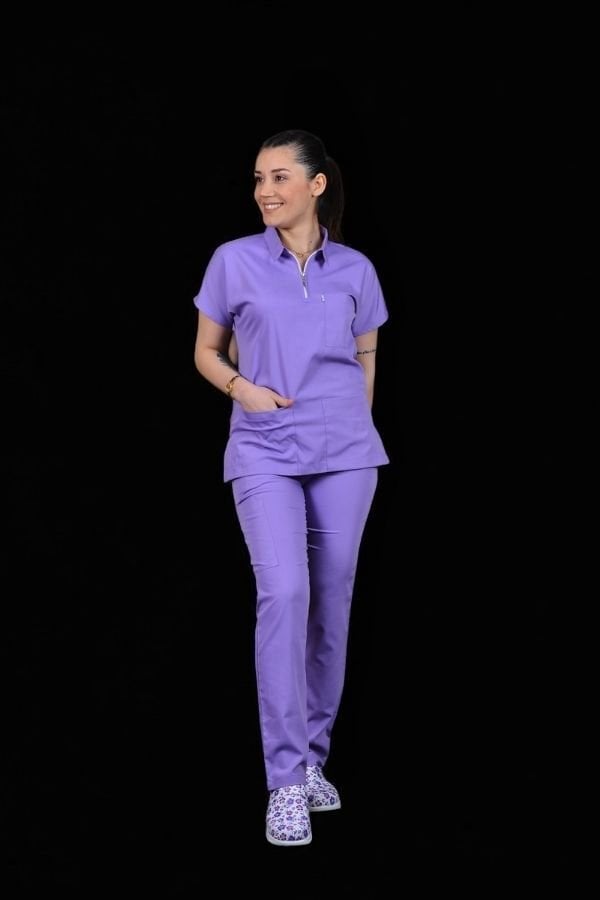 Premium Likralı Zipper Seri Kadın Lila Scrubs