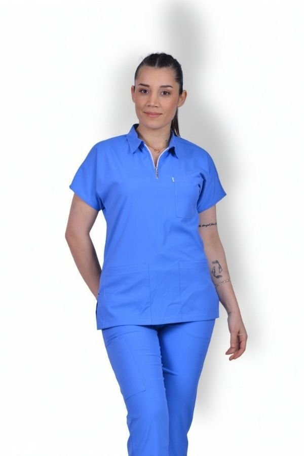 Likralı Zipper Seri Kadın Gök Mavisi Scrubs