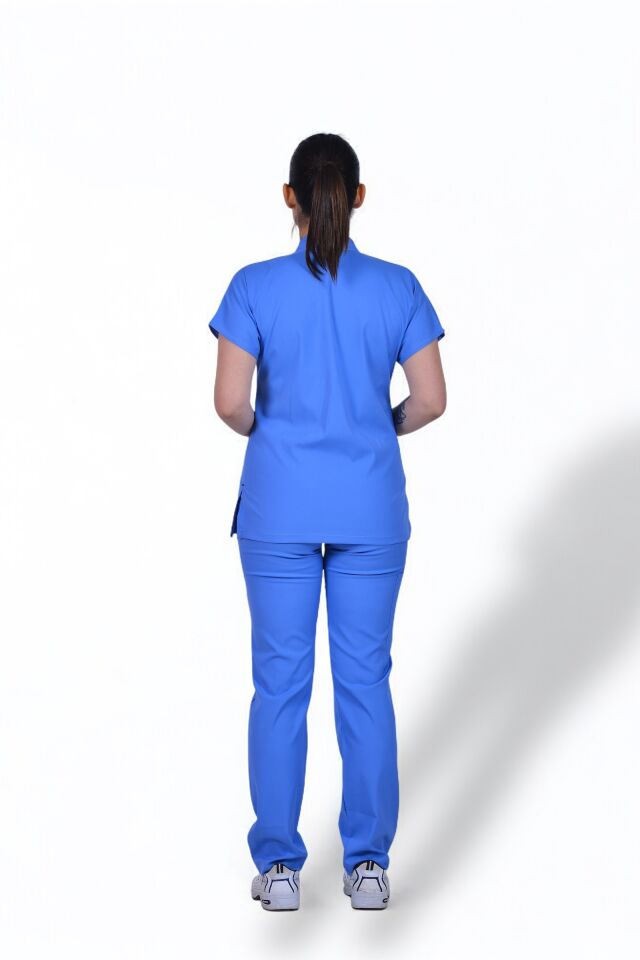 Likralı Zipper Seri Kadın Gök Mavisi Scrubs